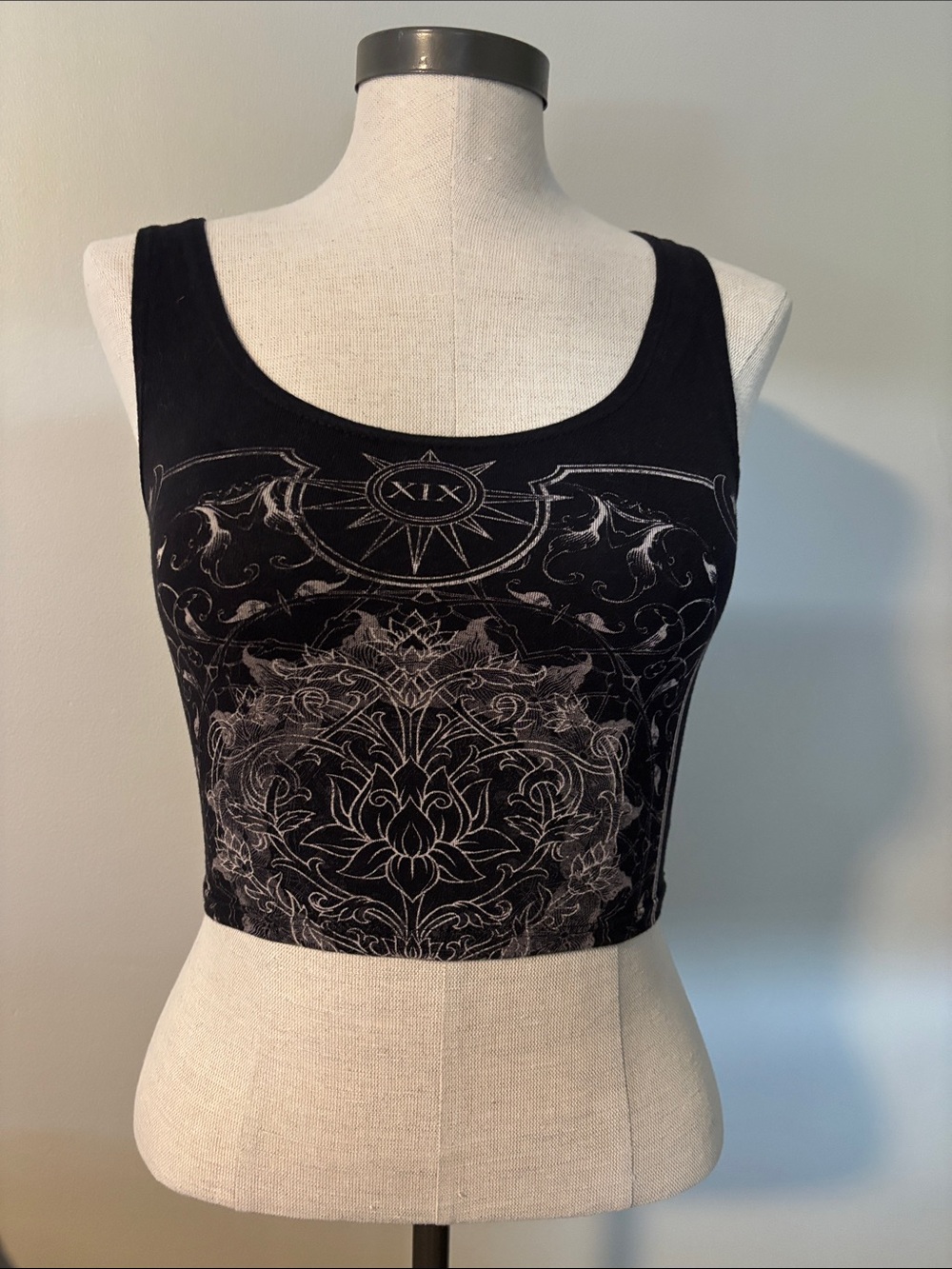 Workshop Republic Clothing Black Crop Tank with Ornate Gray Mandala Print